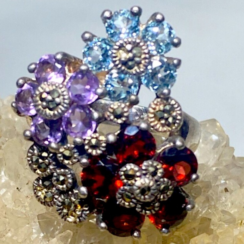 Floral ring flower cocktail marcasites band silver women girls size 8.50